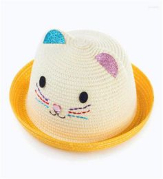 Berets Children Straw Hat Cute Summer Cat Ear Decoration Sun Hats For Kids Girls Boys Solid Floppy Beach Cap Panama5128834
