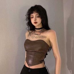 Women's Blouses Shirts Zoki Spring Pu Leather Punk Camis Women Y2K Sexy Slim Moto Biker Crop Tops Female Korean Chic Streetwear Off Shoulder Tanks New YQ231211