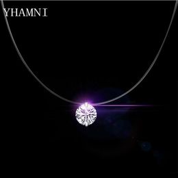 YHAMNI New 6MM 8MM Round CZ Real 925 Sterling Silver Pendant Necklace Transparent Fish Line Elegent Necklaces Wedding Jewellery for 240T