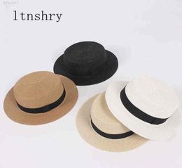 2021 new women039s hat Straw Sun Breathable Large Brim Summer Boater Beach Ribbon Round Flat Top Hat For Women2736475