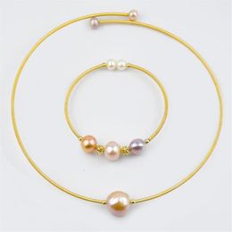 Pendant Necklaces Freshwater Pearl Choker And Bangle Set Delicate 14K Gold Color Solid Easy Wearing Jewelry For Women249J