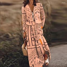 Casual Dresses Autumn Women Long Sleeve Waisted Dress Zipper V Neck Loose Lazy Wind Letter Print Split Chic Streetwear