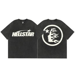 Hellstar Studios arrives with printed white letter cotton T-shirt oversized O-neck label washed men's black short sleeved TEE 231211