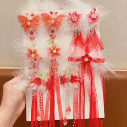 Hair Accessories Ribbon Children Red Hairpin Cute Feather Pearl Hanfu Tassel Butterfly Chinese Year Headwear