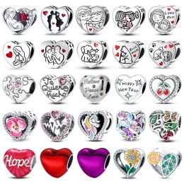 Real 925 Sterling Silver Love Each Other Family Love Heart Charms Beads Fit Pando 925 Bracelets DIY Anniversary Jewellery Gift