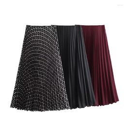 Skirts 2023 Pleated Midi Skirt Women Elastic Waist Satin For Streetwear Long High Quality Party Women's