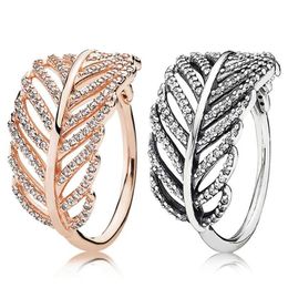 Rose gold glitter light feather ring women hollow leaves retro Wedding finger items with Original Box for pan W163242Z