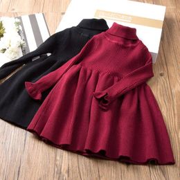 Girl Dresses Girls Sweater Dress Velvet Autumn Winter High Neck Bottoming Children Knitted Princess Red Teenager Clothes