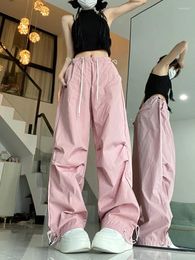 Women's Pants Drawstring Tied Solid Color Casual Pink Summer Chic Female High Waisted Straight Leg Wide Loose Green Trousers