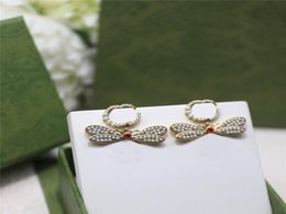 Full Pearl Bee Charm Earrings Double Letter Women Diamond Studs Coloured Rhinestone Eardrop With Stamps Gift Box9686852