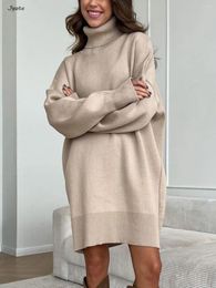 Casual Dresses Simple Pit Stripe Thread Knit Short Dress Female Fashion Medium Length Solid Color High Neck Warm Loose Sweater For Women