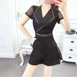 Work Dresses Women's Sexy Lace Suit Fashion Blazer Collar Simple Solid Colour V-Collar Short Sleeve Tops Trousers 2 Piece Set