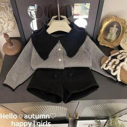 Clothing Sets Fashion Girls Spring Autumn Winter Suit Baby Soft Knitted Sweet Lapel Sweater Shorts Kids Clothes Pants Elegance 2Pcs Set