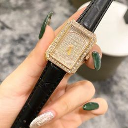 Popular Casual Top Brand quartz wrist Watch for Women Girl Crystal Rectangle style Leather strap Watches CHA42237W