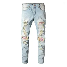 Men's Jeans Light Blue Distressed Slim Fitted Streetwear Pink Bandanna Patchwork Skinny Stretch Holes High Street Ripped