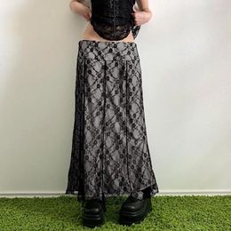 Skirts DEEPTOWN Y2k Long Skirt Women Black Gothic Low Waist Lace Patchwork Sexy Dark Vintage Midi Autumn Harajuku Fashion