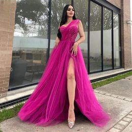 2024 Modern Hot Fuchsia Evening Dress One Shoulder Glitter Sequins Side Split Tulle Long Formal Prom Party Gowns Robe De Soriee