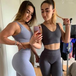 Yoga Outfits Power Down Seamless Workout Set For Women Wireless Top Bra Widen High Waist Sport Leggings Fitness Gym Clothing 2 Piece