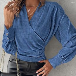 Women's Blouses Fashion Print Wrapped Women Elegant Long Cuff Puff Sleeve V Neck Blusas 2024 Spring Waisted Slim Tops Irregular Shirts