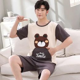 Men's Sleepwear Homewear Cotton Pyjamas Red Summer Male Cartoon Pijamas Set Couple Night Pyjamas Casual Knitted