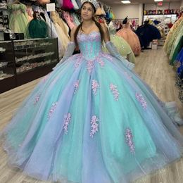 Light Green Shiny Off The Shoulder Quinceanera Dresses Tulle Appliques Beading Pageant Lace Up Vestidos De 15 Anos Princess Ball Gown