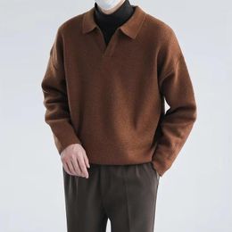 Camisolas masculinas outono inverno polo-pescoço vintage solto casual jumpers masculino cor sólida moda all-match malha superior homme camisola roupas