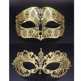 Party Masks Gold Metal Party Mask Phantom Men Women Filigree Venetian Mask Set Masquerade Couple Set Crystal Cosplay Prom Wedding 252P