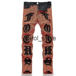 Men's Pants Orange Spider Web Men's Jeans Summer Street Letter Embroidered Small Straight Stretch Denim Pants Casual Loose Mens Clothing J231208