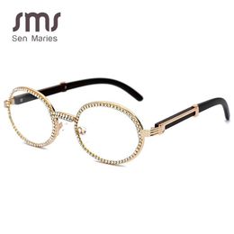 Fashion Small Round Diamond Sunglasses Men New Transparent Clear Lens Women Oval Crystal Wood Glasses Rhinestone oculos337n