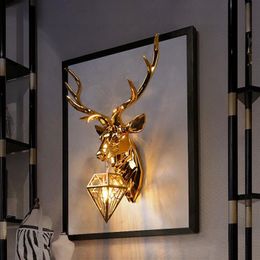 American Retro Gold Deer Wall Lamps Antlers Light Fixtures Living Room Bedroom Bedside Lamp Led Sconce Home Decor Luminaire240U