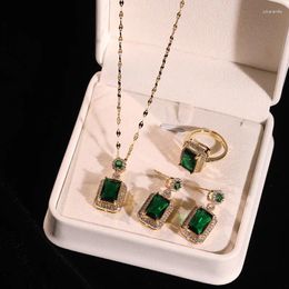 Necklace Earrings Set 3pcs Luxury Emerald Jewellery Red Crystal Tourmaline Ring For Women Exquisite Banquet Wedding