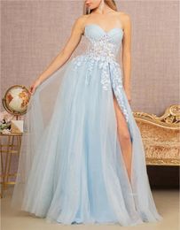 Party Dresses Sky Blue Lace Bandeau Prom Gown Sexy Cut-Out See-Through Slit Tulle Evening Dress Sweet Print Sleeveless Back Tie Private