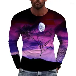 Men's T Shirts European Scenery Picture Men Long Sleeved T-shirt Casual Printed Tees Hip-hop Personality Round Neck Tops