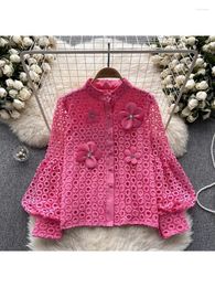 Women's Blouses HIGH STREET Fashion 2024 Designer Blouse Shirt Bubble Sleeved Long Water-Soluble Lace Top