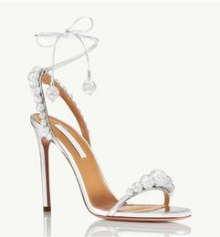 Summer Luxury designer aquazzurasandal Disco Dancer Sandals Beads Crystal-embellished Ankle Ties Stiletto Heel Dress Wedding party brider sandal open toe