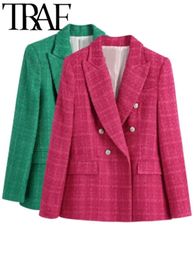 Womens Suits Blazers TRAF FANS Spring Women Tweed Jacket FemmeThick Coat OL Style Long Sleeve Double Breasted Slim Plaid Blazers Green 231208