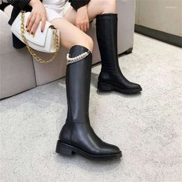 Dress Shoes Long Boots Women's 2023 Luxury Low Heel Pearl Chain Spring And Autumn Comfortable All-match Catwalk Motorcycle