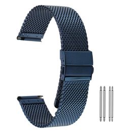 High Quality Yellow Gold Blue 18 20 22mm Mesh Stainless Steel Band Watch Strap Replacement Bracelet Straight Ends Hook Buckle237N