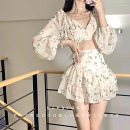 Work Dresses Sweet Summer Sexy Girl Backless V-Neck Long Sleeve Short Tops Two Piece Set Cake A-line Mini Skirt Thin