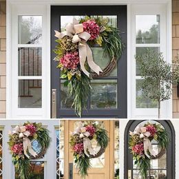 Decorative Flowers & Wreaths Farmhouse Wreath Pink Hydrangea Ornaments Front Door Outdoor Garden Christmas Artificial Hanging Wedd349I