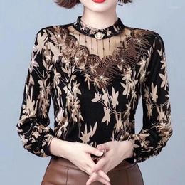 Women's Blouses Spring Autumn Elegant Floral Printing T-Shirts Women High Street Long Sleeve Lace Patchwork Embroidered Flares Pullovers