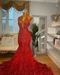Red Halter Long Prom Dress For Black Girls Beaded Rhinestone Birthday Party Dresses Sequined Ruffles Evening Gown With Cape Es Es