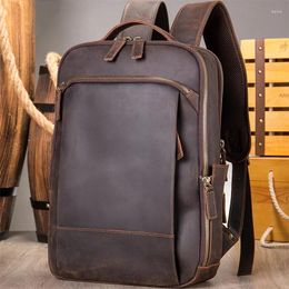 Backpack Luufan Man's Crazy Horse Leather Double Zipper Vintage Cow Laptop Rucksack For School Brown Travel Daypack