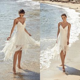 A Line Beach Wedding Dresses Spaghetti Lace Tassel Sequins Beaded Short Wedding Gowns vestidos de novia Boho Bridal Dress Plus Size