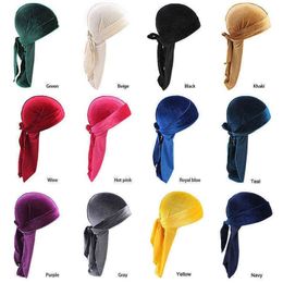 Unisex Velvet Durag Long Tail and Wide Straps Waves for Men Solid Wide Doo Rag Bonnet Cap Comfortable Sleeping Hat Whole Y2111178z