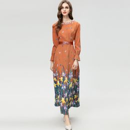 Women's Dress O Neck Long Sleeves Floral Printed Beaded High Street Designer Maxi Vestiods