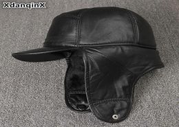 XdanqinX Genuine Leather Hat For Men Winter Warm Bomber Hats Earmuffs Plus Velvet Thick Sheepskin Hooded Ski Cap Dad Winter Caps T1287508