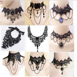Halloween Sexy Gothic Chokers Crystal Black Lace Neck Collares Choker Necklace Vintage Victorian Women Chocker Steampunk Jewellery G224m