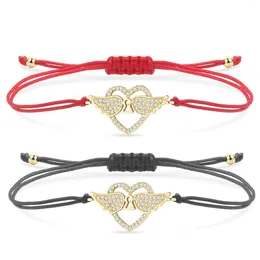 Charm Bracelets CZ Crystal Brass Love Heart With Wing Of Angel Bracelet Women Girl Trendy Cubic Zirconia Zircon Feather Red String Jewelry