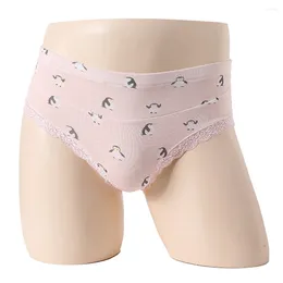 Underpants Sexy Men Cotton Elastic Sissy Lace Middle Rise Printed Brief Underwear Lingerie Panties Erotic Breathable Pouch Men's Briefs